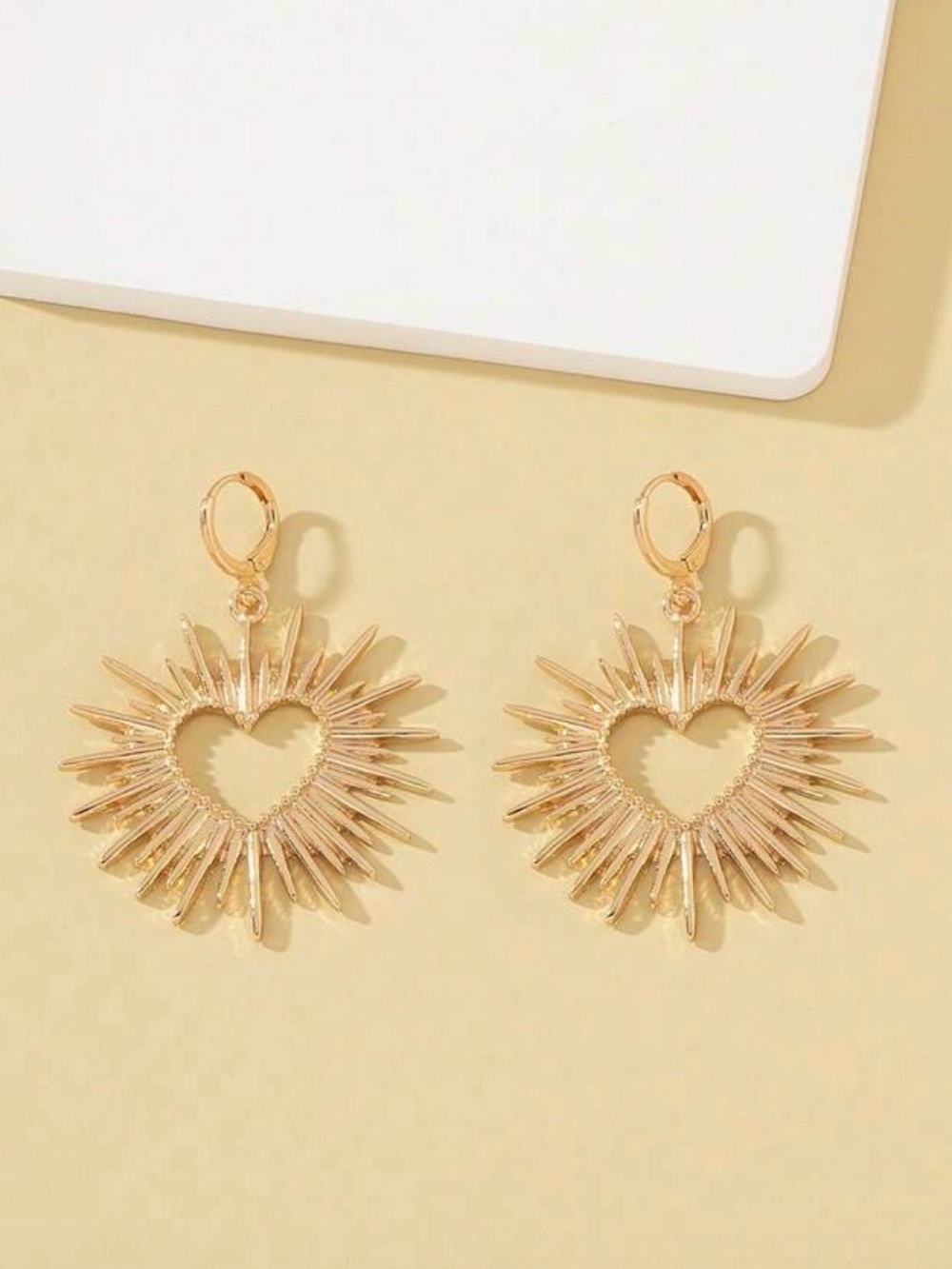 Gold Heart Burst Hoop Drop Earrings